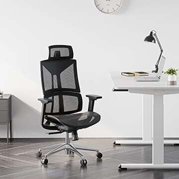 FEZIBO Ergonomic Chair Pro, Heavy Duty Black Office Chair with Wheels, Rolling Mesh Chair, Lumbar Support and 3D Metal Armrest, Home Office Chair Comfortable Seat Cushion and Rotatable Headrest