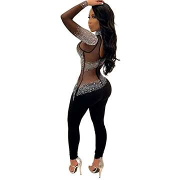 Ekaliy Women's Sexy Long Sleeve Rhinestones Mesh Patchwork See Through Dressy Jumpsuits Romper Clubwear L