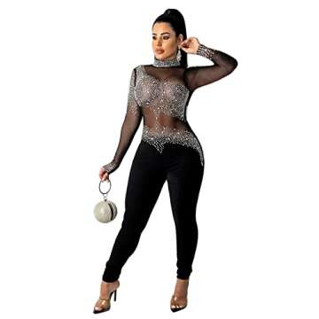Ekaliy Women's Sexy Long Sleeve Rhinestones Mesh Patchwork See Through Dressy Jumpsuits Romper Clubwear L