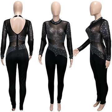 Ekaliy Women's Sexy Long Sleeve Rhinestones Mesh Patchwork See Through Dressy Jumpsuits Romper Clubwear L