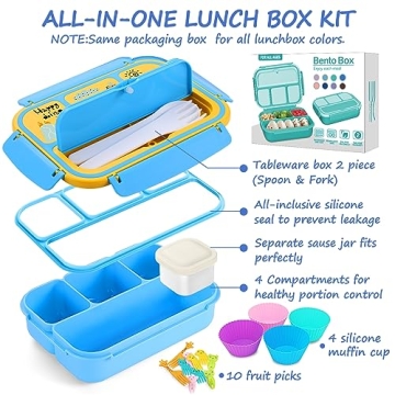 Sunhanny Lunch Box Kids, Bento Lunch Box for Girls Boys School, Lunch Containers for Adults Kids with 4 Compartments, Sauce Container, Utensils, Food Picks and Muffin Cups, Blue Dinosaur