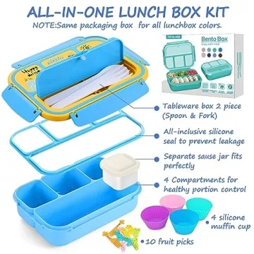 Sunhanny Lunch Box Kids, Bento Lunch Box for Girls Boys School, Lunch Containers for Adults Kids with 4 Compartments, Sauce Container, Utensils, Food Picks and Muffin Cups, Blue Dinosaur