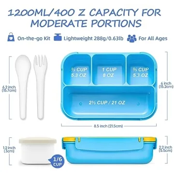 Sunhanny Lunch Box Kids, Bento Lunch Box for Girls Boys School, Lunch Containers for Adults Kids with 4 Compartments, Sauce Container, Utensils, Food Picks and Muffin Cups, Blue Dinosaur