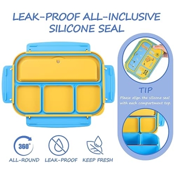 Sunhanny Lunch Box Kids, Bento Lunch Box for Girls Boys School, Lunch Containers for Adults Kids with 4 Compartments, Sauce Container, Utensils, Food Picks and Muffin Cups, Blue Dinosaur