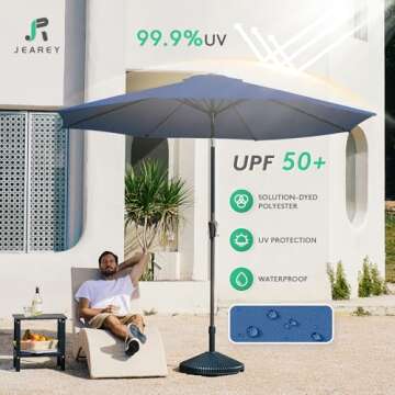 JEAREY 9FT Outdoor Patio Umbrella Outdoor Table Umbrella with Push Button Tilt and Crank, Market Umbrella 8 Sturdy Ribs UV Protection Waterproof for Garden, Deck, Backyard, Pool (Dark Blue)