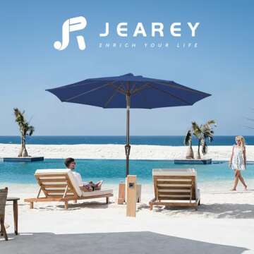 JEAREY 9FT Outdoor Patio Umbrella Outdoor Table Umbrella with Push Button Tilt and Crank, Market Umbrella 8 Sturdy Ribs UV Protection Waterproof for Garden, Deck, Backyard, Pool (Dark Blue)