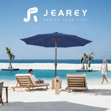 JEAREY 9FT Outdoor Patio Umbrella Outdoor Table Umbrella with Push Button Tilt and Crank, Market Umbrella 8 Sturdy Ribs UV Protection Waterproof for Garden, Deck, Backyard, Pool (Dark Blue)