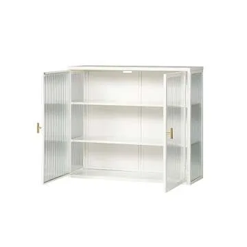 Retro Style Haze Double Glass Door Wall Cabinet with Detachable Shelves for Office, Dining Room,Living Room, Kitchen and Bathroom Mint White