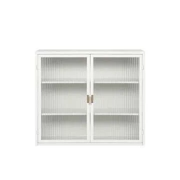 Retro Style Haze Double Glass Door Wall Cabinet with Detachable Shelves for Office, Dining Room,Living Room, Kitchen and Bathroom Mint White