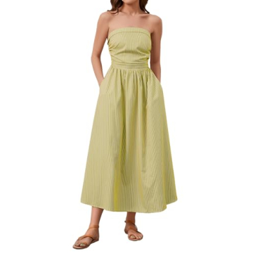 Dsewpaur Striped Strapless Maxi Dress for Women - Flowy Long Summer Dress with Pockets Lemon Green