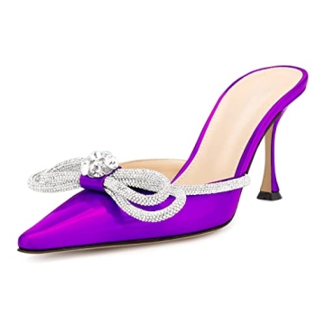 LauraVicci Women High Heeled Mules Pointed Toe Crystal Rhinestones Bow Sandals Stiletto Backless Sli...