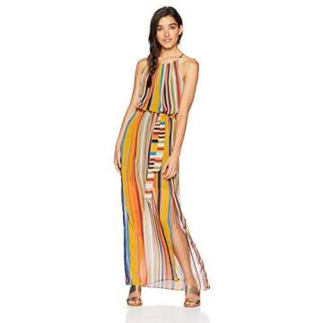 A. Byer Junior's Halter Style Maxi Dress, Gold/Navy/Orang, M