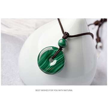 HASKARE Genuine Stone Pendant Gemstone Chakra Jewelry Healing Crystal Necklace Adjustable 0"-27" (Malachite Round)