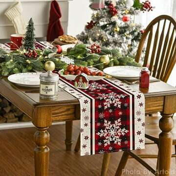 Artoid Mode Buffalo Plaid Snowflakes Christmas Table Runner, Seasonal Winter Kitchen Dining Table De...