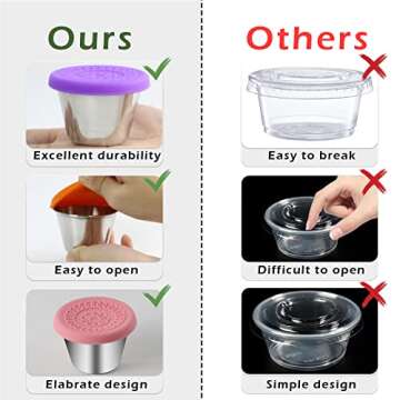 6 Pack 2.5OZ Salad Dressing Containers To Go, Advanced Stainless Steel Condiment Containers with Silicone Lids Easy to Open, Leakproof colorful Compact Salad Sauce Cups Easy to Carry Everyday