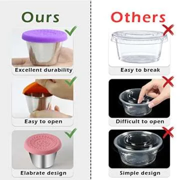 6 Pack 2.5OZ Salad Dressing Containers To Go, Advanced Stainless Steel Condiment Containers with Silicone Lids Easy to Open, Leakproof colorful Compact Salad Sauce Cups Easy to Carry Everyday