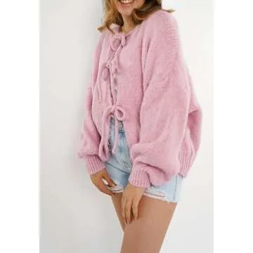 Women Bow Tie Front Cardigan Sweater Y2k Chunky Lace up Knit Top Casual Crewneck Vintage Aesthetic S...