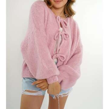 Women Bow Tie Front Cardigan Sweater Y2k Chunky Lace up Knit Top Casual Crewneck Vintage Aesthetic Streetwear Pink