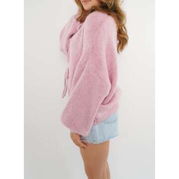 Women Bow Tie Front Cardigan Sweater Y2k Chunky Lace up Knit Top Casual Crewneck Vintage Aesthetic Streetwear Pink