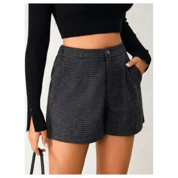 MakeMeChic Women's Elegant Plaid Shorts High Waisted Zipper Wide Leg Mini Dressy Work Office Casual Shorts