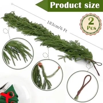 Hananona 2 Pcs Artificial Norfolk Pine Garlands, Real Touch Winter Pine Garland, Green Artificial Greenery Garland for Table, Mantle, Wall, Indoor, Outdoor Christmas Decorations (2, 6 FT)