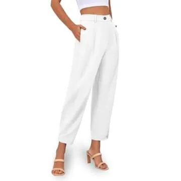 Cicy Bell Womens Casual Dress Pants High Waisted Button Work Office Pleated Trousers with Pockets White