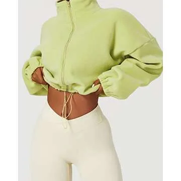 QINSEN Full Zip Fleece Jacket for Women Active Winter Warm Crop Sweatshirt Drawstring Fit Coat Lime Green S