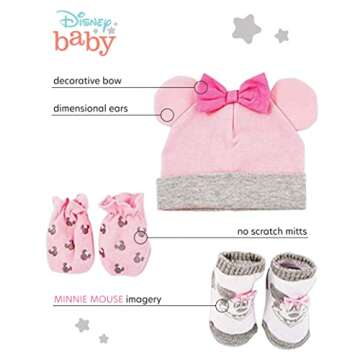 Disney Baby Girls' Minnie Mouse Take Me Home Layette Gift Set - 3 Piece Hat, Booties, and Mittens (N...