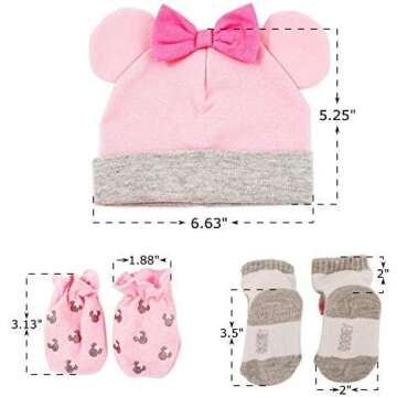 Disney Baby Girls' Minnie Mouse Take Me Home Layette Gift Set - 3 Piece Hat, Booties, and Mittens (Newborn), Size 0-3 Months, Minnie Pink Giftset