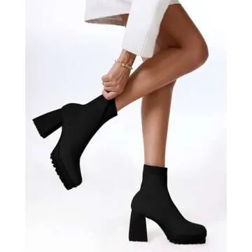 Womens Sock Boots Platform Chunky Heel Booties Dress Ankle Boots Square Toe Slip On Comfortable Wint...