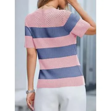 Dokotoo Women Ladies Tops Casual Crewneck Summer Tops for Women Fashion Trendy Shorts Sleeve Sweaters Womens Cute Striped Spring Knit Tshirt Shirts Blouse Pink Small
