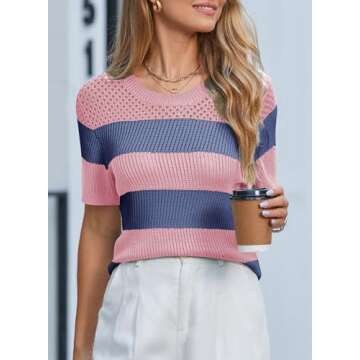 Dokotoo Women Ladies Tops Casual Crewneck Summer Tops for Women Fashion Trendy Shorts Sleeve Sweaters Womens Cute Striped Spring Knit Tshirt Shirts Blouse Pink Small