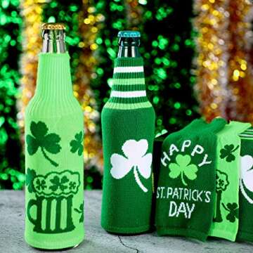 6 Packs St. Patrick s Day-Themed Bottle Sleeves Green Shamrock Beer Bottle Covers Glass Beer Bottle Decor for Holiday Party Table Decorations