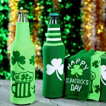 6 Packs St. Patrick s Day-Themed Bottle Sleeves Green Shamrock Beer Bottle Covers Glass Beer Bottle Decor for Holiday Party Table Decorations