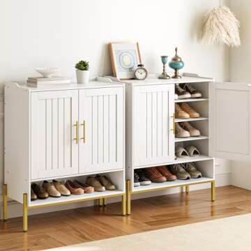 HOOBRO Shoe Cabinet, 5-Tier Shoe Storage Organizer with Doors, Wooden Shoe Cabinet Storage for Entryway, Freestanding Shoe Rack Cabinet with 3 Adjustable Shelves for Hallway, Gold and White DW41SC01