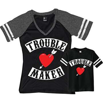 Trouble Maker Mom Shirt Black & Trouble Kids Baby Boy Matching Set (Mom Black/Boy Black, Mom Medium/...