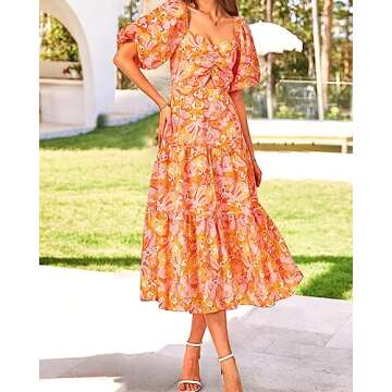 BTFBM Women Summer Dresses 2025 Casual Flowy Beach Square Neck Puff Short Sleeve Smocked Back Boho Floral Long Maxi Dress(Print Orange, Small)