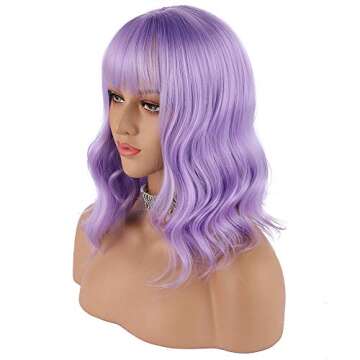 eNilecor Lavender Purple Wig Short Colorful colored Curly Wavy Synthetic Bob Wigs with Air Bangs 14" Natural Wigs for Women