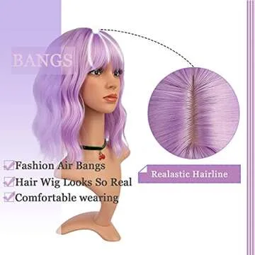 eNilecor Lavender Purple Wig Short Colorful colored Curly Wavy Synthetic Bob Wigs with Air Bangs 14" Natural Wigs for Women