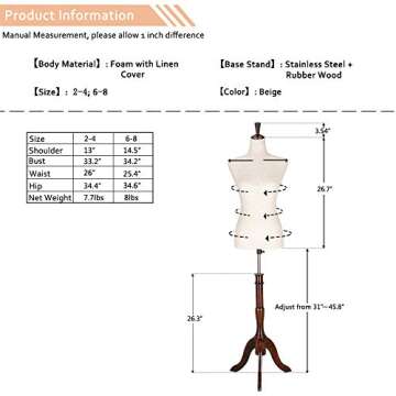Bonnlo Upgraded Female Dress Form, Mannequin Torse Body with Adjustable Rubber Wood Stand for Dress Jewelry Display (White, 2-4)