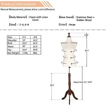 Bonnlo Upgraded Female Dress Form, Mannequin Torse Body with Adjustable Rubber Wood Stand for Dress Jewelry Display (White, 2-4)