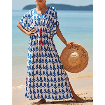 Bsubseach Kaftan Dresses for Women Plus Size Swimsuit Cover Up Long Caftan Dress with Waist Drawstring Blue White