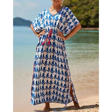 Bsubseach Kaftan Dresses for Women Plus Size Swimsuit Cover Up Long Caftan Dress with Waist Drawstring Blue White