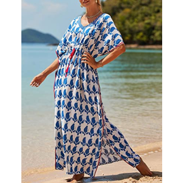 Bsubseach Kaftan Dresses for Women Plus Size Swimsuit Cover Up Long Caftan Dress with Waist Drawstring Blue White