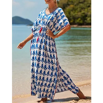 Bsubseach Kaftan Dresses for Women Plus Size Swimsuit Cover Up Long Caftan Dress with Waist Drawstring Blue White