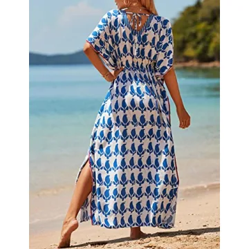 Bsubseach Kaftan Dresses for Women Plus Size Swimsuit Cover Up Long Caftan Dress with Waist Drawstring Blue White