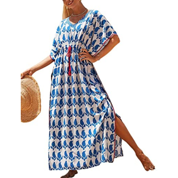 Bsubseach Kaftan Dresses for Women Plus Size Swimsuit Cover Up Long Caftan Dress with Waist Drawstring Blue White