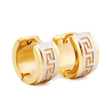 FuZhiBang Stainless Steel Hoop Earrings for Men Women Earrings Unique Greek Key (Gold)