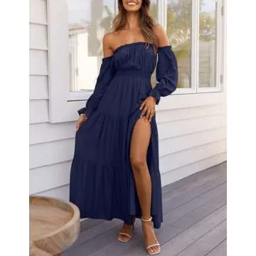 ZESICA Women's Boho Sexy Off Shoulder Long Sleeve Flowy Maxi Dress