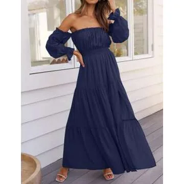 ZESICA Off Shoulder Maxi Dress in Navy for Women